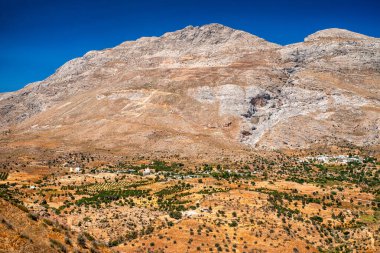 Yunanistan 'ın Girit bölgesinin Rethymno bölgesinde zeytin korulukları ve Kedros Dağı zirvesi olan kuru Akdeniz dağ manzarası açık mavi yaz gökyüzü altında.