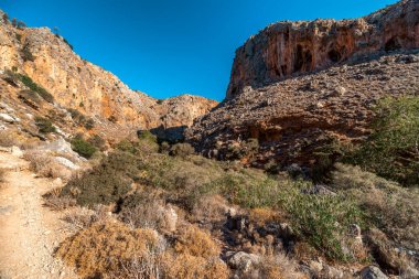 Girit 'teki Zakros Vadisi' ndeki panoramik kayalık kanyon manzarası sarp kayalıkları, çalıları ve açık mavi Akdeniz gökyüzünü gösteriyor..