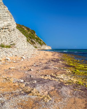 Bulgaristan 'ın Byala kentindeki Karadeniz kıyısı boyunca beyaz kireçtaşı kayalıkları ve yeşil yosunları olan Rocky plajı açık mavi gökyüzü altında.
