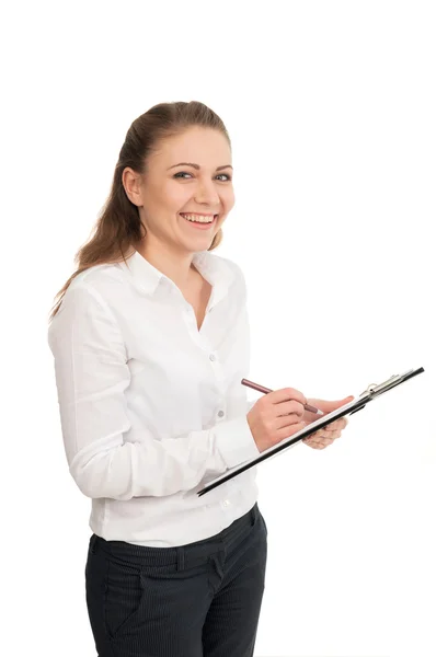 Junge Frau im weißen Hemd hält Büropapiere in der Hand — Stockfoto