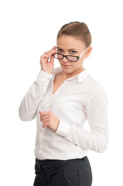 Young woman in a white shirt and glasses against white backgroun — Stock Photo, Image