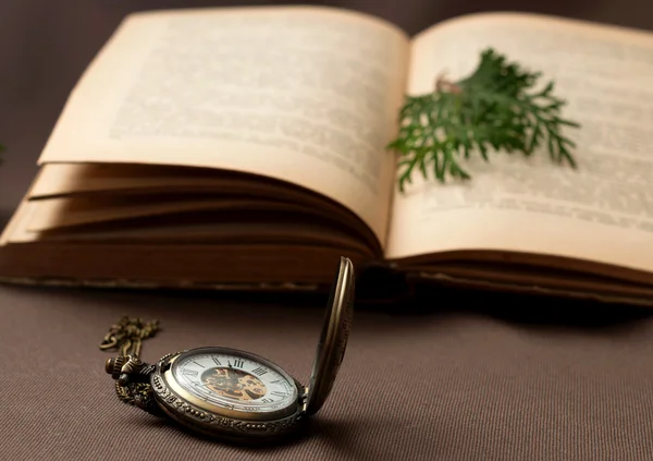 Alte Taschenuhr mit aufgeschlagenem Buch — Stockfoto