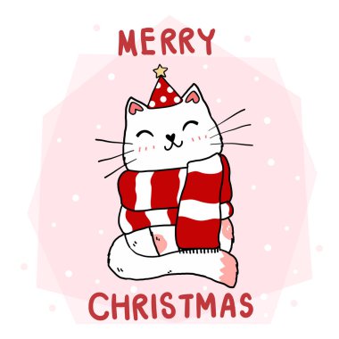 Kırmızı eşarplı sevimli gülümseme kedisi ve Noel Baba şapkası, Mutlu Noeller, tebrik kartı, gömlek baskısı, duvar sanatı, dekorasyon, düz vektör karalama kedisi fikri