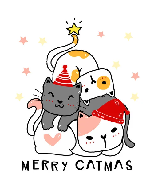 Wesołych Świąt Szczęśliwego Nowego Roku Kot Choinka Stos Cute Niegrzeczne — Wektor stockowy