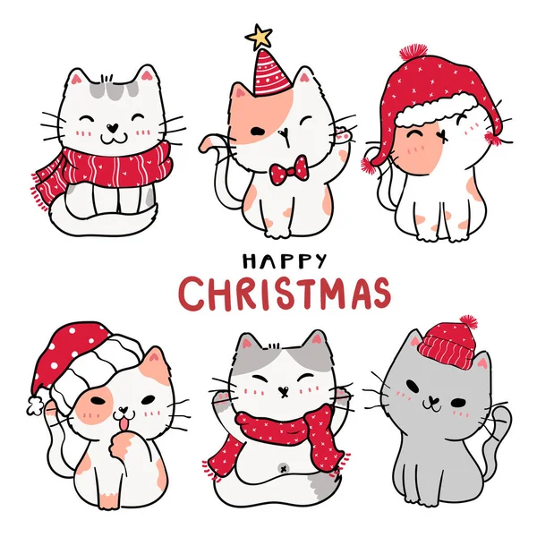 Bonito Desenho Animado Gatinho Gato Conjunto Feliz Natal Arte Clipe —  Vetores de Stock