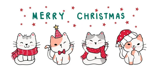 Mignon Dessin Animé Chat Chaton Bannière Costume Noël Hiver Joyeux — Image vectorielle