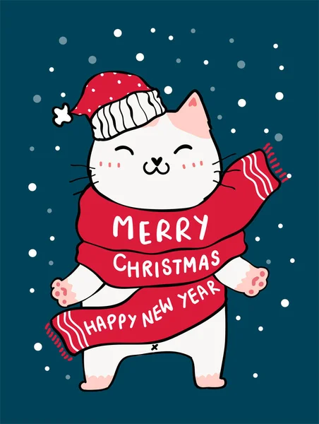 Lindo Gato Bufanda Roja Feliz Navidad Feliz Año Nuevo Con — Vector de stock