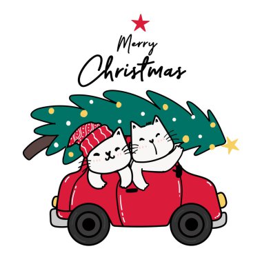 Mutlu arkadaş kedi kırmızı arabada, üzerinde Noel ağacı, Mutlu Noeller, şirin kedi çizgi filmi klipsi düz vektör.