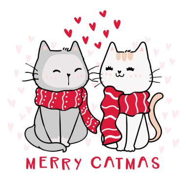 Kırmızı Noel eşarplı sevimli mutlu çift kedi, arka planda kalbi olan mutlu kedi, tebrik kartı fikri, çocuk odası duvarı sanatı, parmak izi.