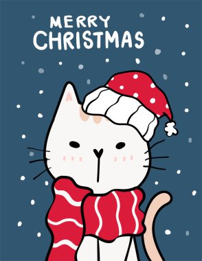 Mutlu kedi, Noel tebrik kartı, Noel Baba kırmızı şapkalı şirin yaramaz kedi, koyu mavi arka planda kar yağıyor, çizgili çizgili düz el çizimi vektör..