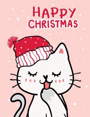 Mutlu kedi, Noel tebrik kartı, Noel Baba kırmızı şapkalı şirin yaramaz kedi, koyu mavi arka planda kar yağıyor, çizgili çizgili düz el çizimi vektör..