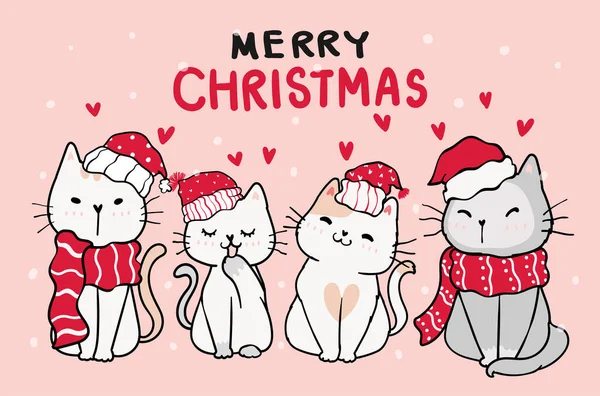 一群朋友 可爱的小猫 戴着圣诞红帽子 披着围巾 雪落在粉红的背景上 快乐的圣诞佳节 旗帜和贺卡 墙体艺术 印刷品 — 图库矢量图片