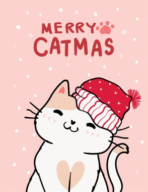 Mutlu kedi, Noel tebrik kartı, Noel Baba kırmızı şapkalı şirin yaramaz kedi, koyu mavi arka planda kar yağıyor, çizgili çizgili düz bir el çizimi..