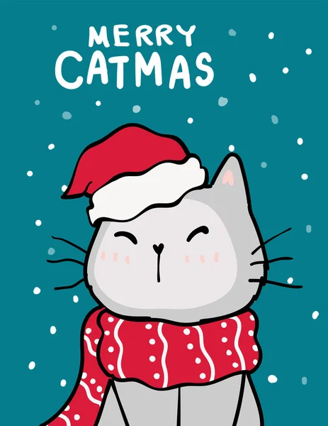 Feliz Catmas Natal Cartão Saudação Gato Safado Bonito Com Chapéu — Vetor de Stock