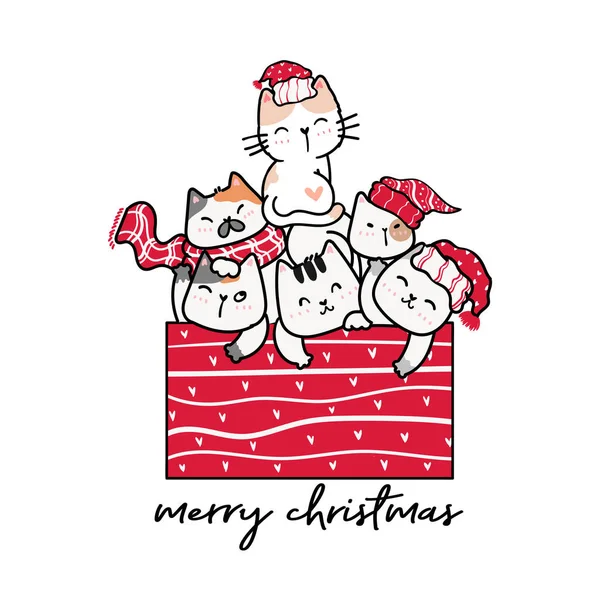 Groupe Chaton Mignon Chat Boîte Cadeau Rouge Joyeux Noël Clipart — Image vectorielle