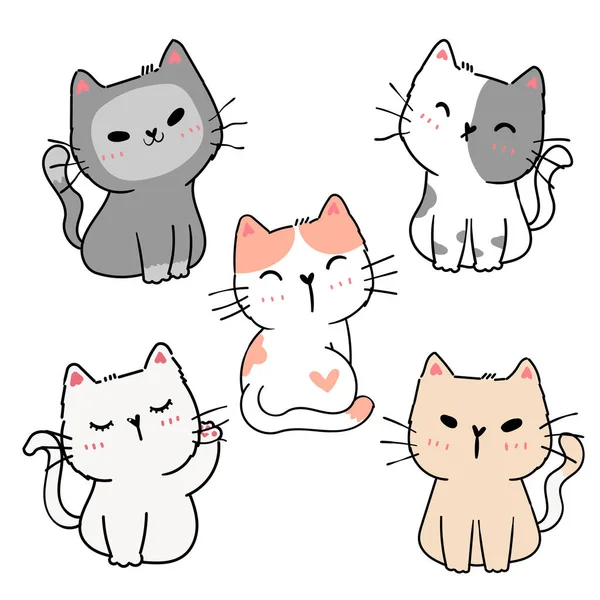 Set Cute Cartoon Playful Kitten Cat Different Poses Action Element — Stock Vector