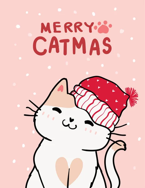 Mutlu kedi, Noel tebrik kartı, Noel Baba kırmızı şapkalı şirin yaramaz kedi, koyu mavi arka planda kar yağıyor, çizgili çizgili düz bir el çizimi..
