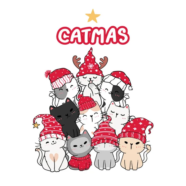 Feliz Catmas Natal Cartão Saudação Gato Safado Bonito Com Chapéu —  Vetores de Stock
