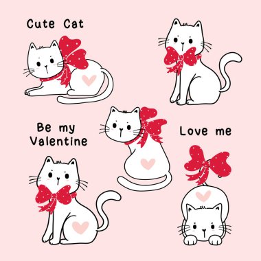 Sevimli Sevgililer Günü beyaz kedisi kırmızı kurdele klipsli sanat seti, çizgi film illüstrasyon vektör elementi seti
