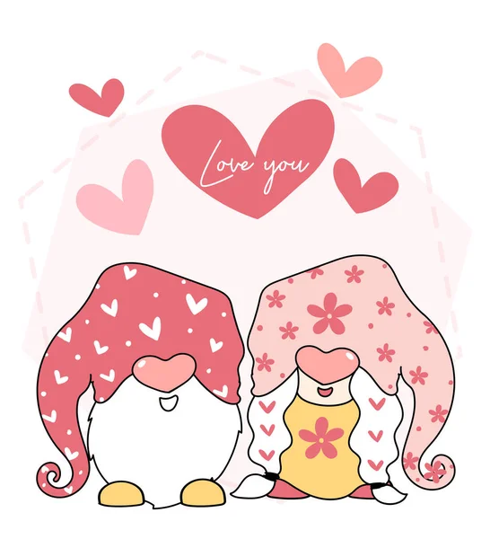 Sevimli Valentine Gnome aşk seti, kalp balonu, aşk mektubu, çizgi film düz vektör çizimi