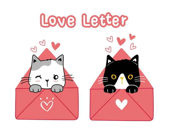 Słodkie Walentynki Kot Czarny Biały Różowy List Miłosny Kreskówka Ilustracja — Wektor stockowy