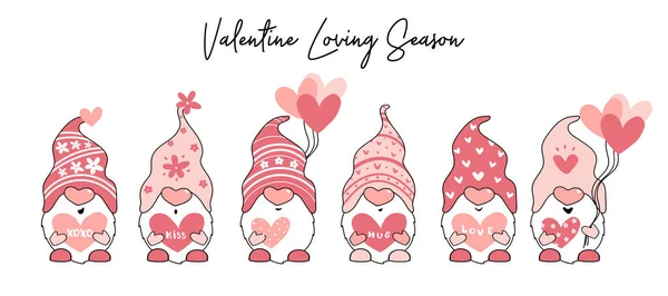 Sevimli Sevgililer Günü Gnome 'u pembe, kalp balonu ve harf, çizgi film düz vektör çizimi 