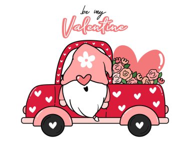 Valentine Gnome, Flower ve Heart 'ın kırmızı kamyonetinde sevgililer günü kartım ol, güzel düz vektör klipsli resim fikri, basılabilir şeyler.