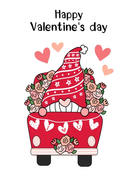 Valentine Gnome Dans Camion Fleurs Rouges Avec Cœur Aime Drapeau — Image vectorielle