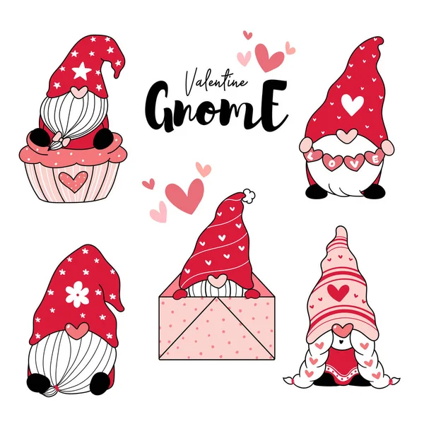 Aranyos Love Gnome Red Valentine Szívvel Rajzfilm Rajz Klip Művészeti — Stock Vector