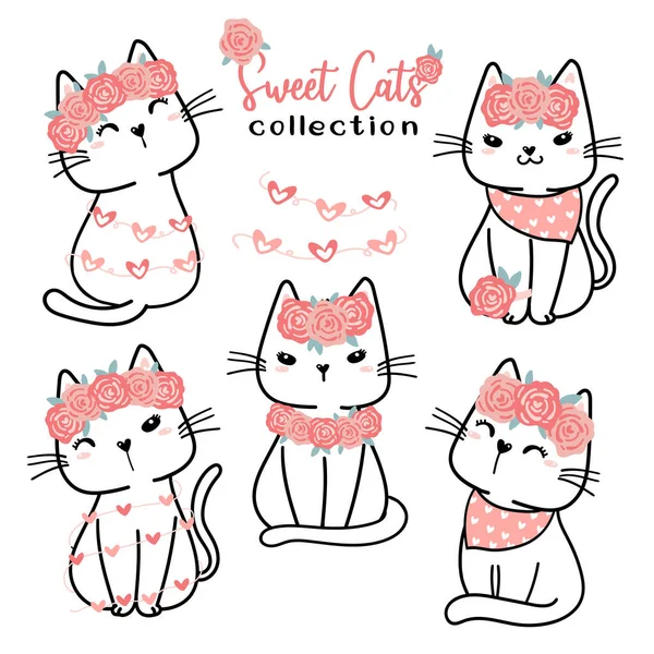 かわいいバレンタイン猫コレクション 漫画のドアフラットベクトルクリップ用バレンタインの愛の日 ピンクのバラの花と甘い白い猫 — ストックベクタ