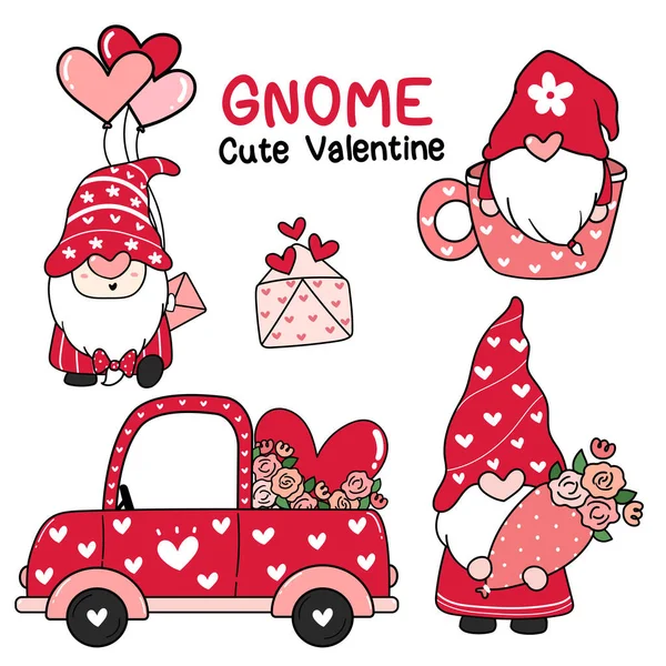 Mignon Valentine Amour Gnome Rouge Chapeau Collection Dessin Animé Doodle — Image vectorielle