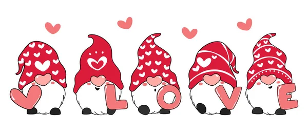 Valentine Gnome Com Carta Amor Vermelho Valentine Gnome Desenho Animado — Vetor de Stock