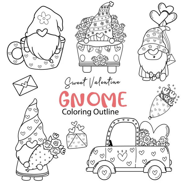 かわいいバレンタインGnome着色アウトラインコレクション 甘いバレンタインデジタルスタンプセット Gnome漫画のドアの描画セット — ストックベクタ