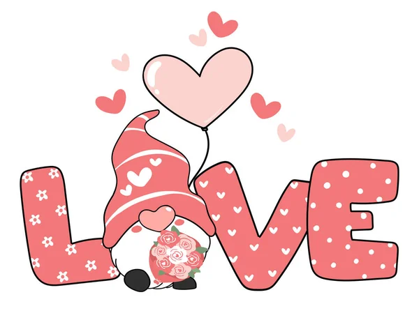 Valentine Gnome Love Επιστολή Και Μπαλόνι Καρδιά Ροζ Νάνο Του — Διανυσματικό Αρχείο