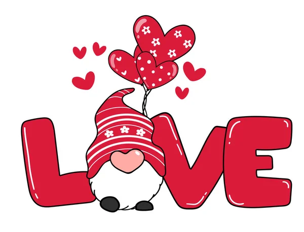 Gnomo San Valentino Con Lettera Amore Palloncino Del Cuore Doodle — Vettoriale Stock