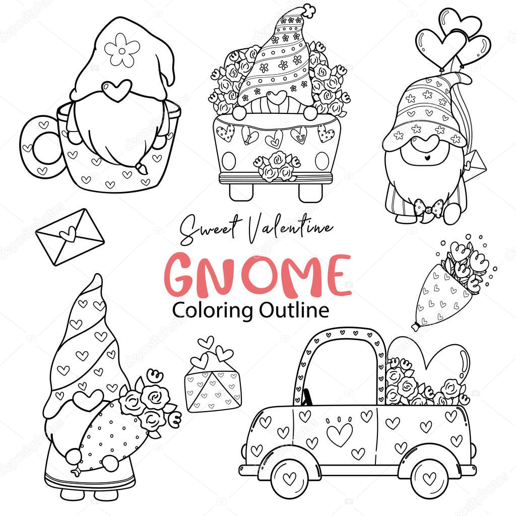 Cute Valentine Gnome coloring outline collection, Sweet valentine digital stamp set, Gnome cartoon doodle drawing set