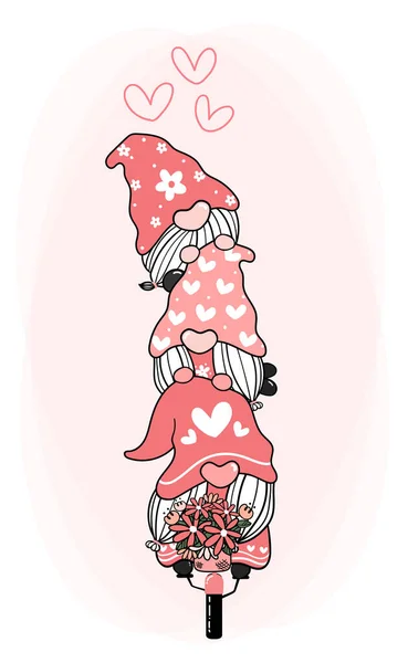 Χαριτωμένο Γλυκό Χαρούμενο Gnome Ποδήλατο Λουλούδι Καρδιά Αγάπη Valentine Gnome — Διανυσματικό Αρχείο