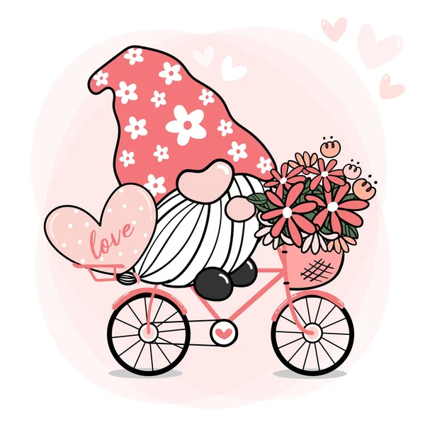 Schattige Sweet Pink Gnome Valentine Fiets Met Bloem Hart Cartoon — Stockvector