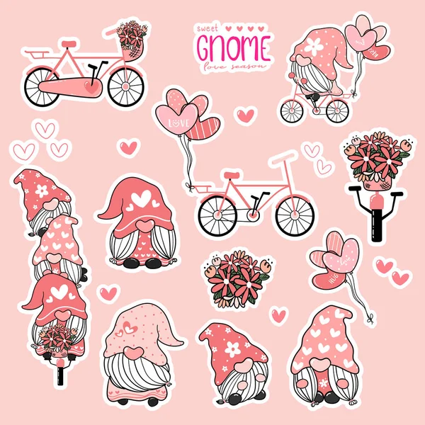 Linda Colección Amor Rosa Dulce Valentine Gnome Gnomo Bicicleta Pegatina — Archivo Imágenes Vectoriales