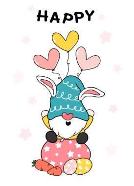 Kırık paskalya yumurtasındaki üç sevimli cüce, Mutlu Paskalya tatlı çizgi film karikatür vektörü pastel