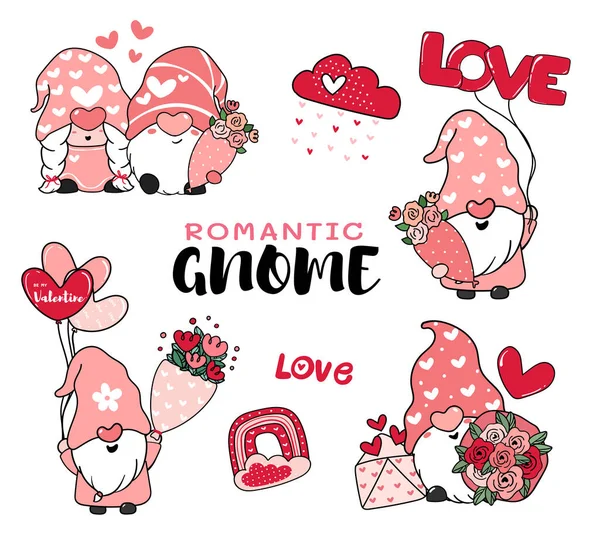 Cute Romantic Valentine Gnome Pink Hat Cartoon Vector Collection Happy — Διανυσματικό Αρχείο