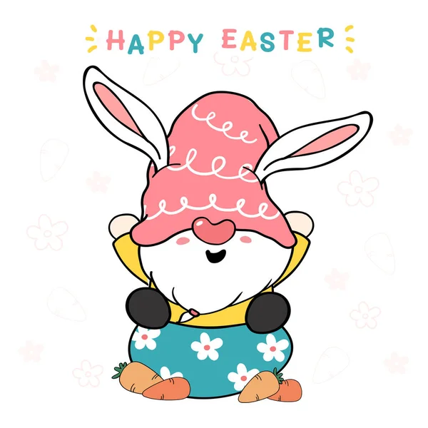 Милый Кролик Гном Яйце Морковью Счастливой Пасхи Розовой Шляпе Сладкоежка — стоковый вектор