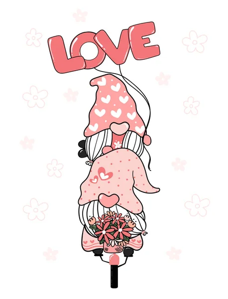 Δύο Ρομαντικό Ζευγάρι Gnome Αγίου Βαλεντίνου Ροζ Ποδήλατο Love Clip — Διανυσματικό Αρχείο