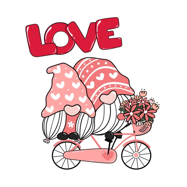 Dois Namorados Romântico Gnome Casal Bicicleta Rosa Arte Clipe Amor — Vetor de Stock
