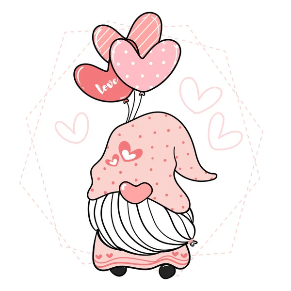 Χαριτωμένο Ροζ Gnome Κρατώντας Μπαλόνια Καρδιά Αγίου Βαλεντίνου Τέχνης Κλιπ — Διανυσματικό Αρχείο