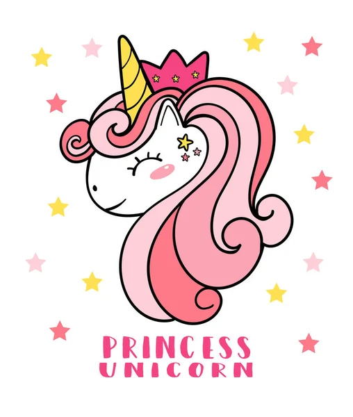 Schattige Roze Pony Eenhoorn Gezicht Hoofd Met Kroon Prinses Eenhoorn — Stockvector