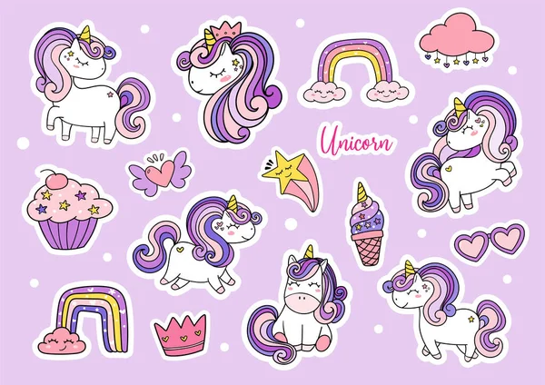 Cute Ungu Magis Sederhana Unicorn Lembaran Stiker Yang Dapat Dicetak - Stok Vektor