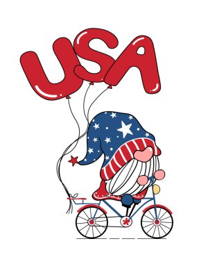 Tatlı Cüce 4 Temmuz, Bağımsızlık Günü, Amerikan balonlu Gnome, tebrik kartı için Doodle çizgi filmi düz vektör çizimi, tişört baskısı.
