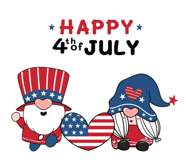 Δύο Χαριτωμένο Αμερική Gnome Ιουλίου Ημέρα Ανεξαρτησίας Κινουμένων Σχεδίων Επίπεδη — Διανυσματικό Αρχείο