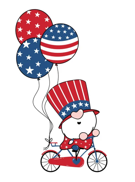 Juli Amerika Gnome Patriottisch Fiets Met Ballonnen Cartoon Doodle Outline — Stockvector